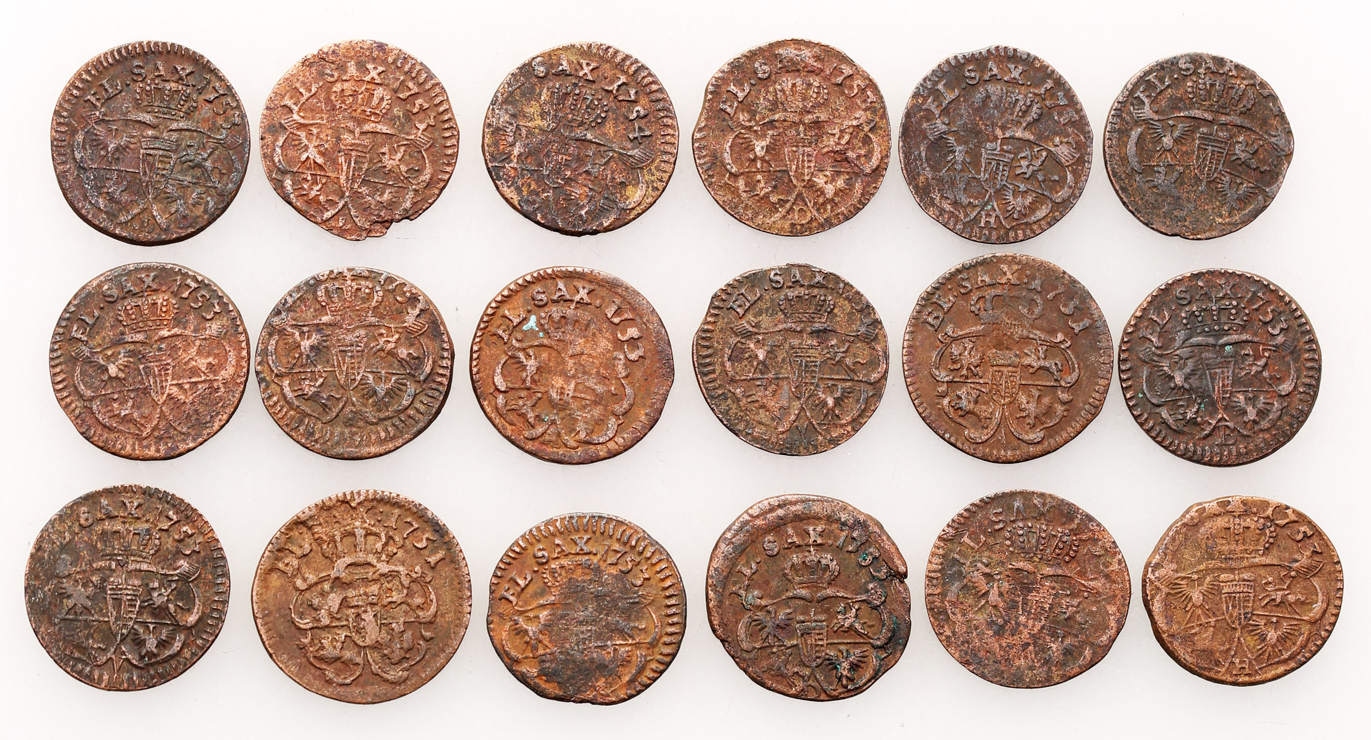 August III Sas. Szeląg 1751-1755, zestaw 18 monet